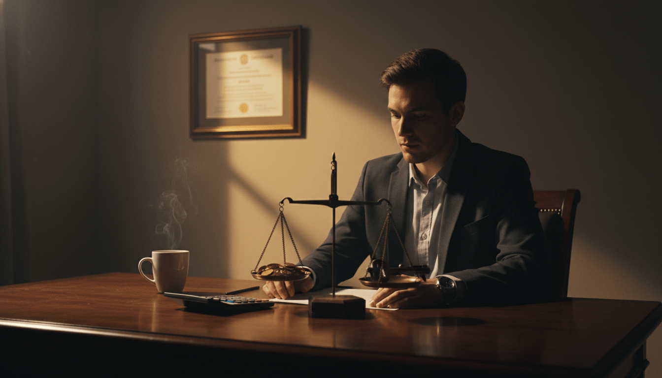 Joven profesional reflexionando frente a un diploma enmarcado y una balanza con monedas, representando la gestión de préstamos estudiantiles.