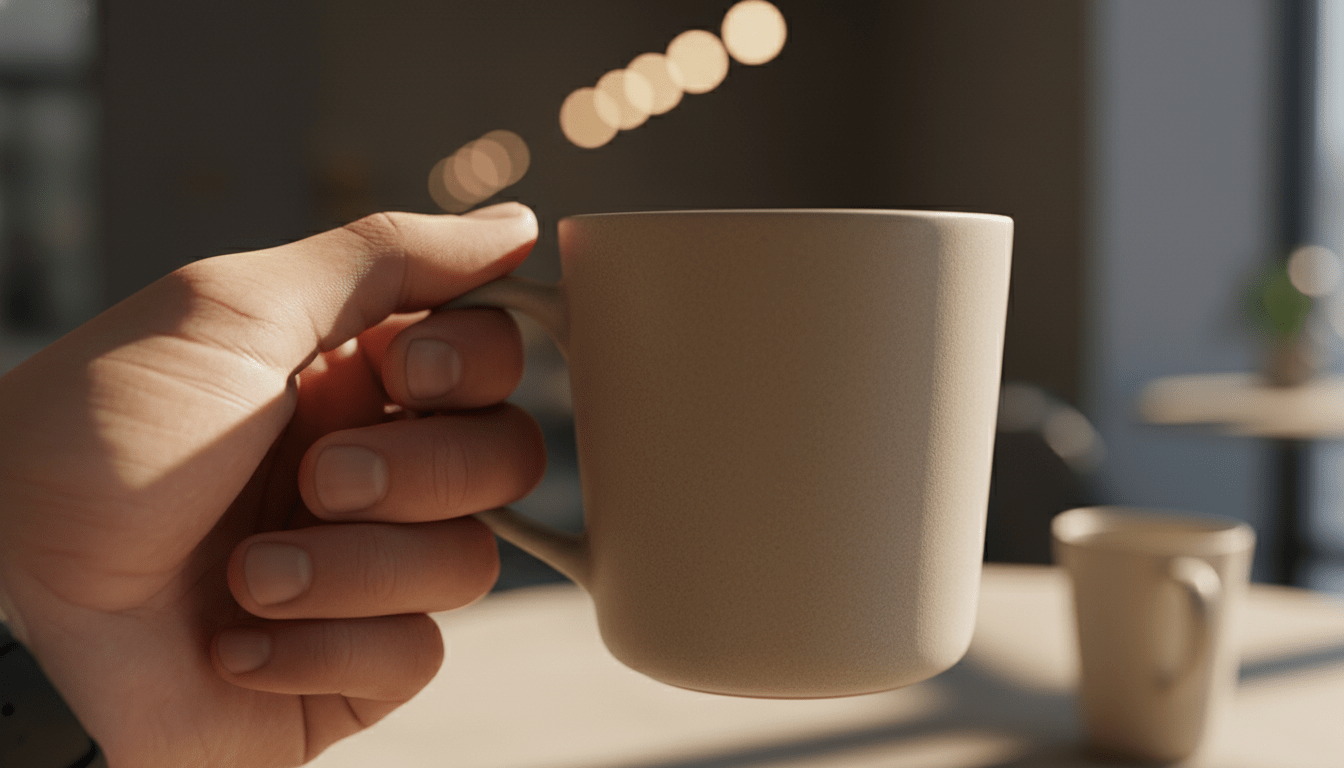 Primer plano de una persona sosteniendo una taza de café evocando el efecto dotación y la psicología del valor