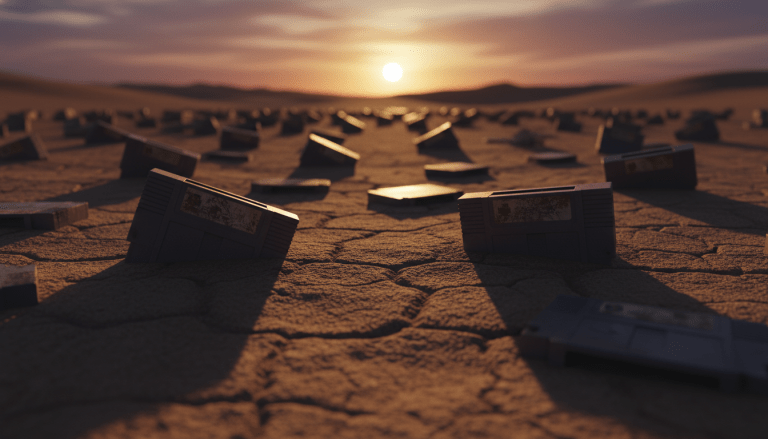 Cartuchos de videojuegos antiguos enterrados en el desierto como símbolo del colapso de Atari en 1983