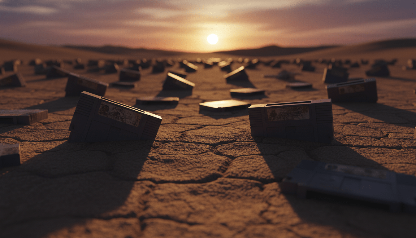 Cartuchos de videojuegos antiguos enterrados en el desierto como símbolo del colapso de Atari en 1983