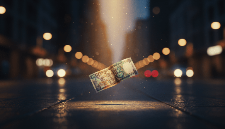 Concepto visual de contabilidad mental mostrando un billete iluminado en la calle, ilustrando el sesgo del dinero inesperado.