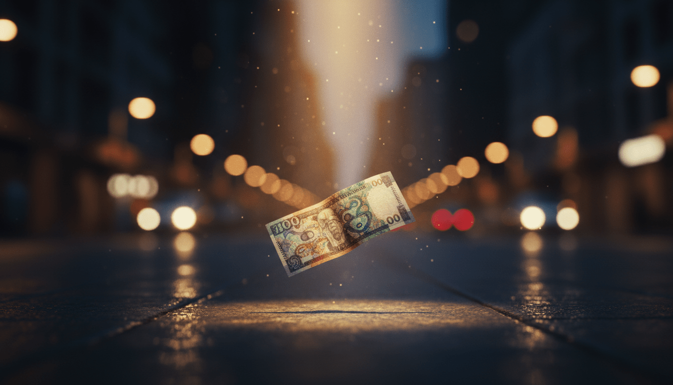 Concepto visual de contabilidad mental mostrando un billete iluminado en la calle, ilustrando el sesgo del dinero inesperado.