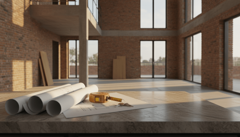 Interior de una casa en reforma con planos arquitectónicos y herramientas sobre encimera, representando la inversión inmobiliaria y planificación financiera.