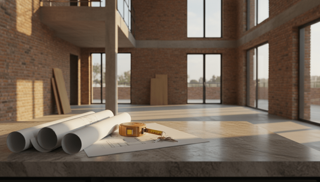 Interior de una casa en reforma con planos arquitectónicos y herramientas sobre encimera, representando la inversión inmobiliaria y planificación financiera.