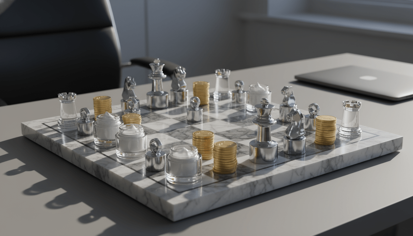 Metáfora visual de finanzas personales y bienestar mostrando productos de cuidado personal sobre un tablero de ajedrez de mármol.