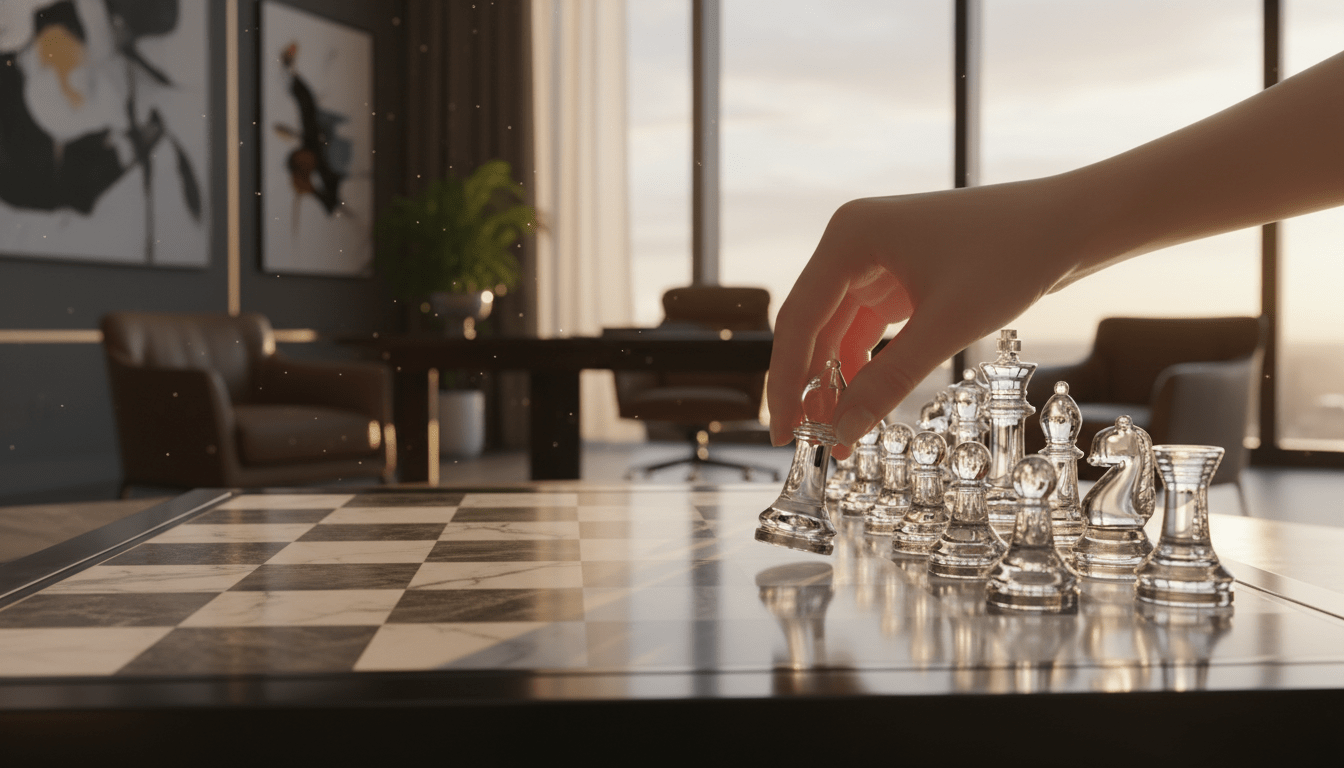 Primer plano de mano realizando movimiento estratégico de ajedrez sobre tablero de mármol representando transferencia de saldo bancario.