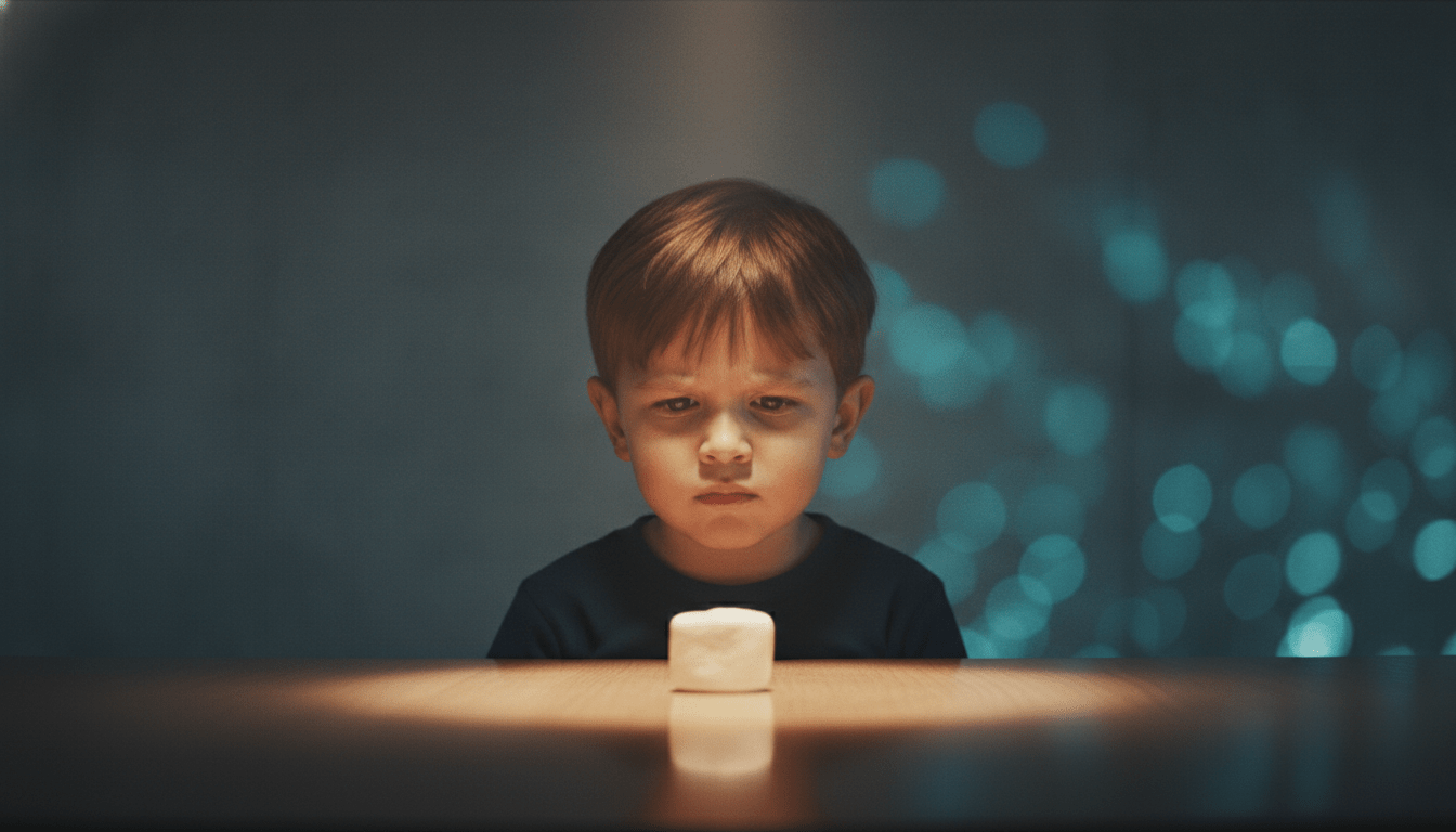 Niño pequeño analizando un malvavisco en una mesa representando el experimento de gratificación diferida de Stanford y la psicología del ahorro.