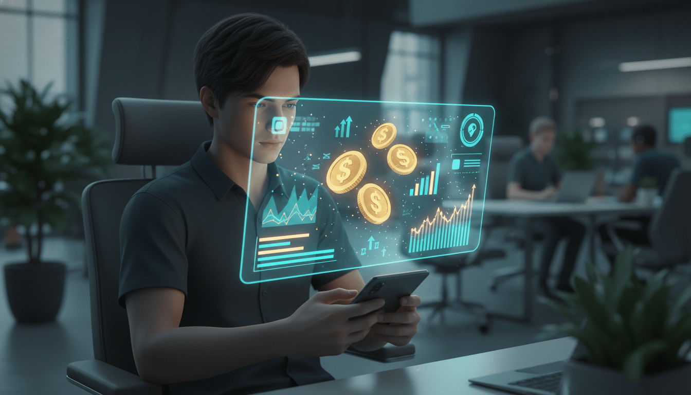 Persona interactuando con una interfaz holográfica de gamificación financiera y ahorro moderno.