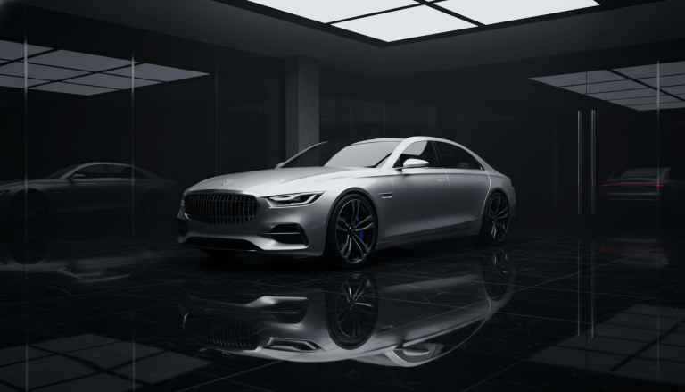 Coche de lujo en concesionario bajo luces dramáticas representando los gastos ocultos y la depreciación vehicular