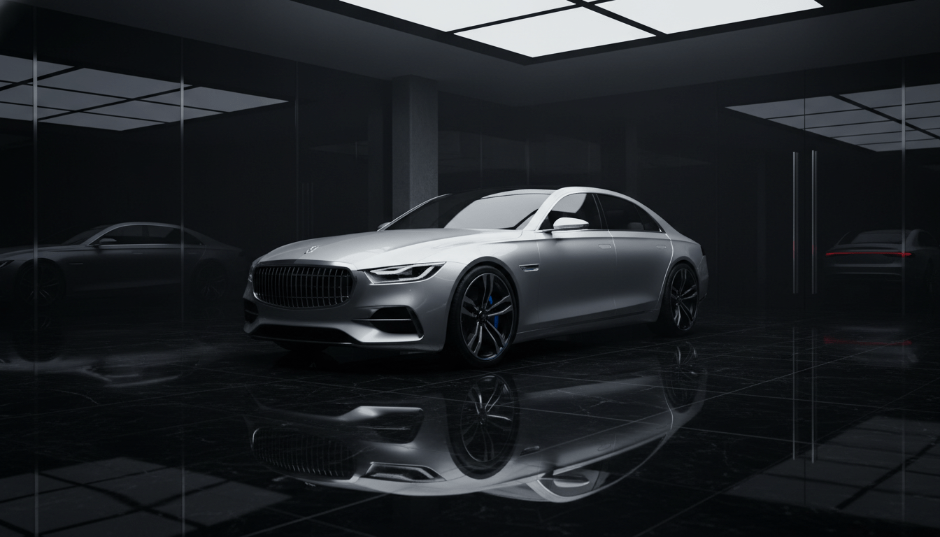 Coche de lujo en concesionario bajo luces dramáticas representando los gastos ocultos y la depreciación vehicular