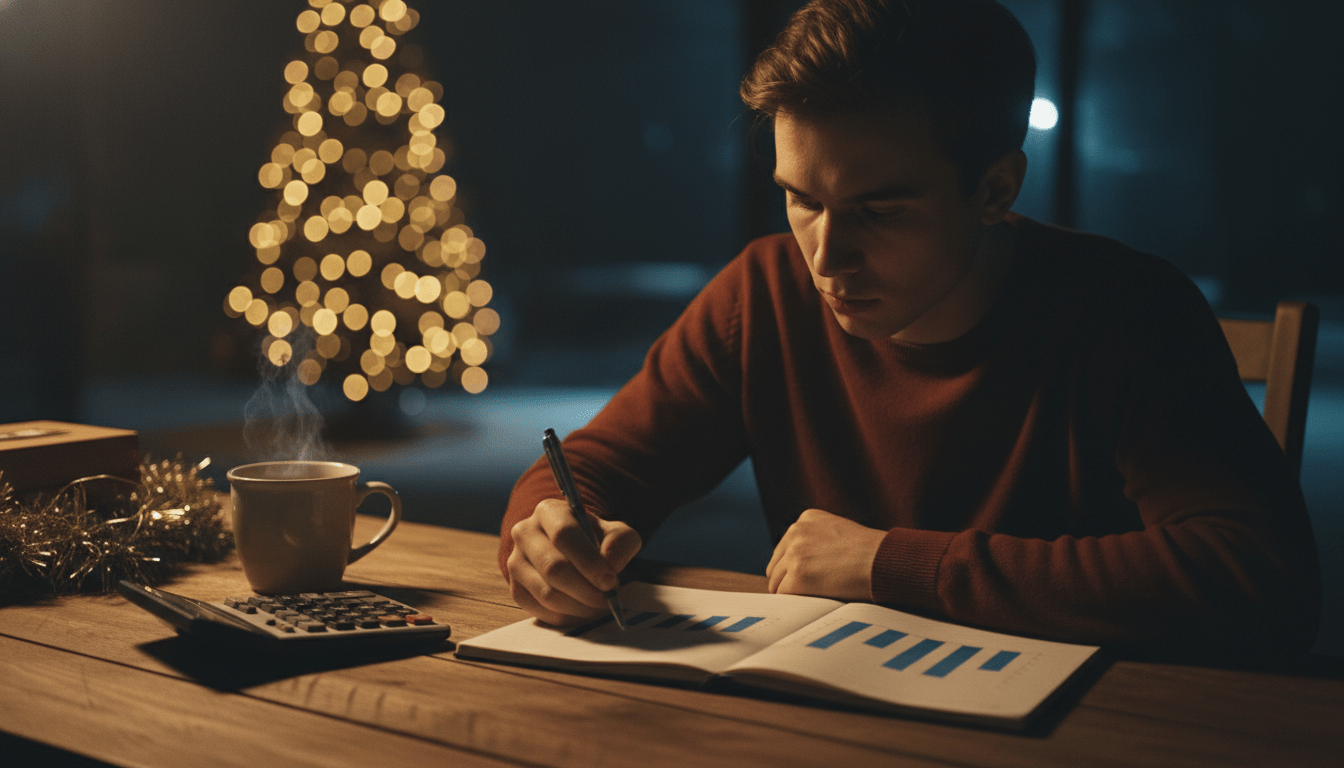 Persona planificando gastos de Navidad frente a luces decorativas para evitar el estrés financiero