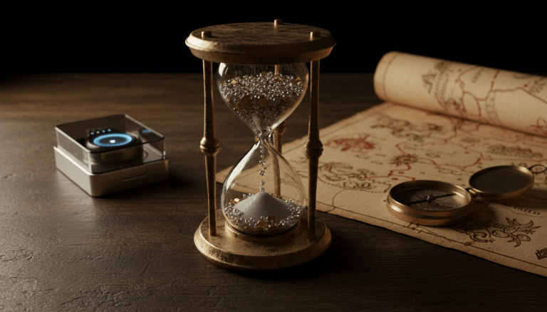 Reloj de arena con monedas de oro sobre un mapa estratégico representando el presupuesto y tiempo de una startup.