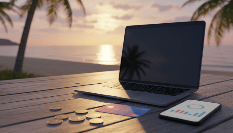 Laptop y smartphone con gráficos financieros sobre mesa de madera frente a playa tropical de Bali al atardecer