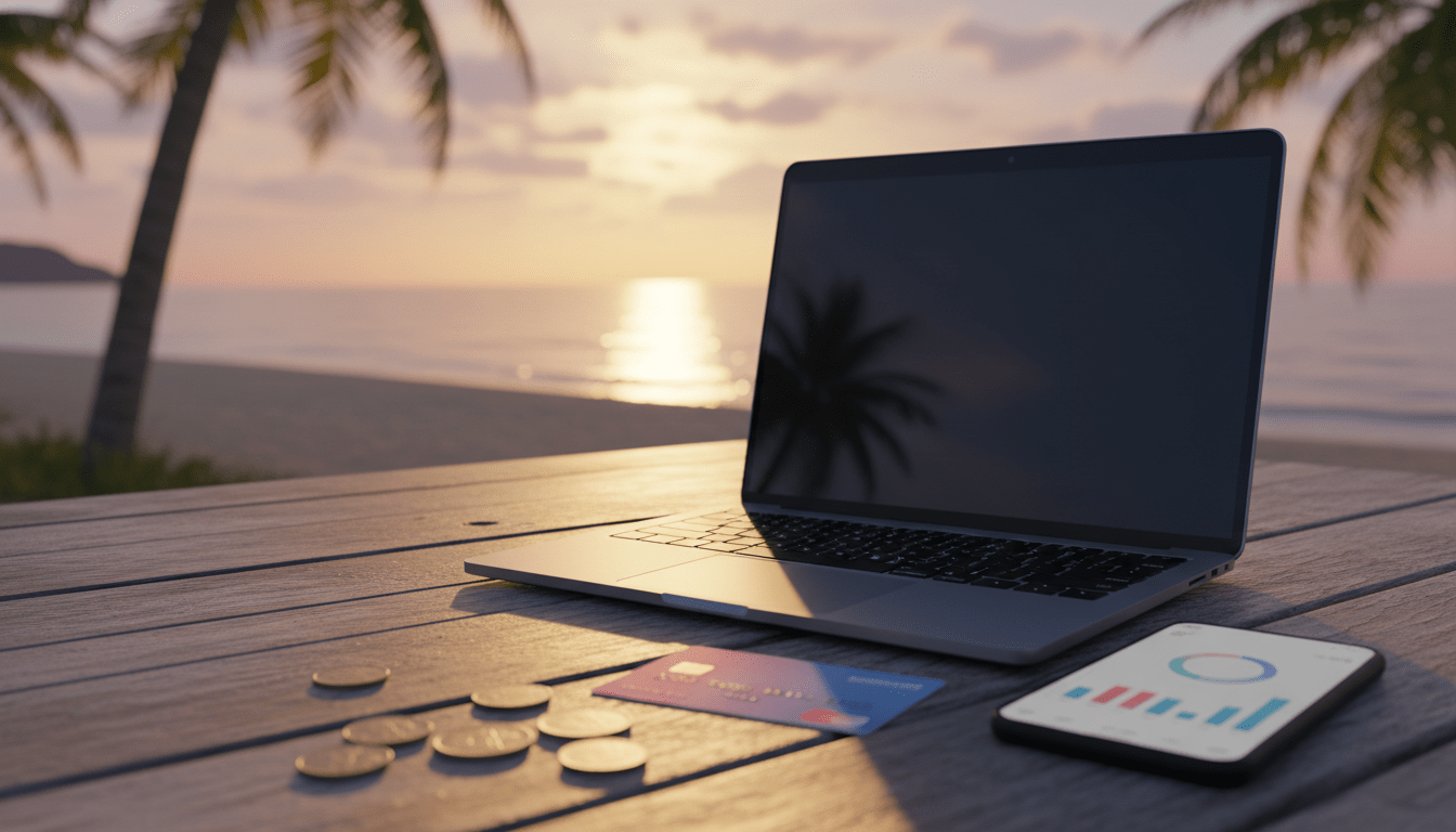 Laptop y smartphone con gráficos financieros sobre mesa de madera frente a playa tropical de Bali al atardecer