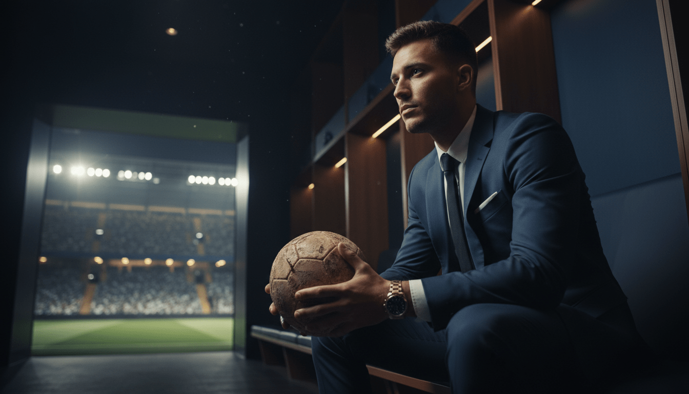Atleta profesional en vestuario de lujo reflexionando sobre la gestión financiera y el primer contrato deportivo.