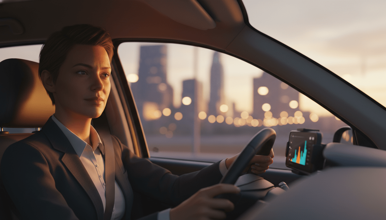 Conductor autónomo analizando sus finanzas y flujo de caja dentro de su vehículo al atardecer.