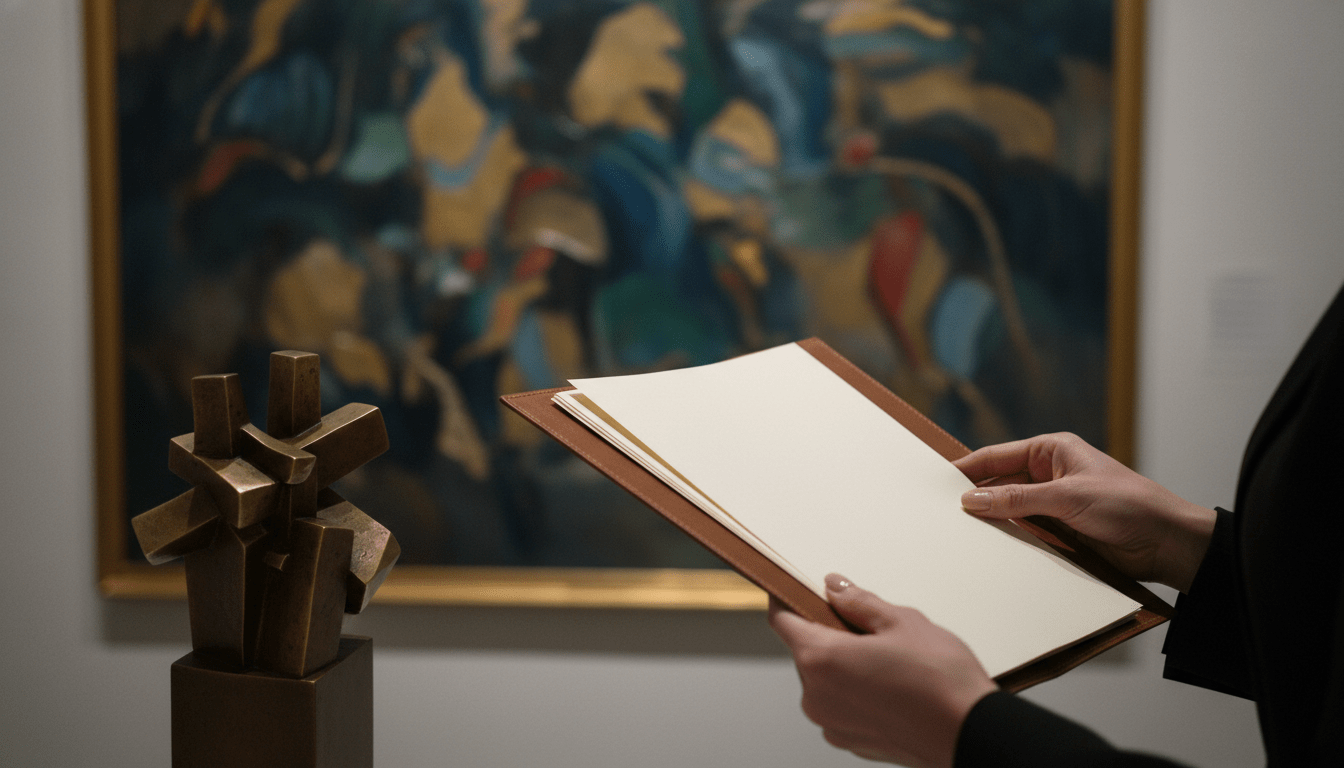 Primer plano de planificación financiera para coleccionismo de arte en una galería de lujo, destacando la gestión de activos y presupuestos.