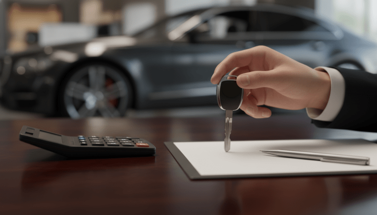 Primer plano de llaves de coche y calculadora simbolizando la planificación financiera para comprar un vehículo de ocasión.