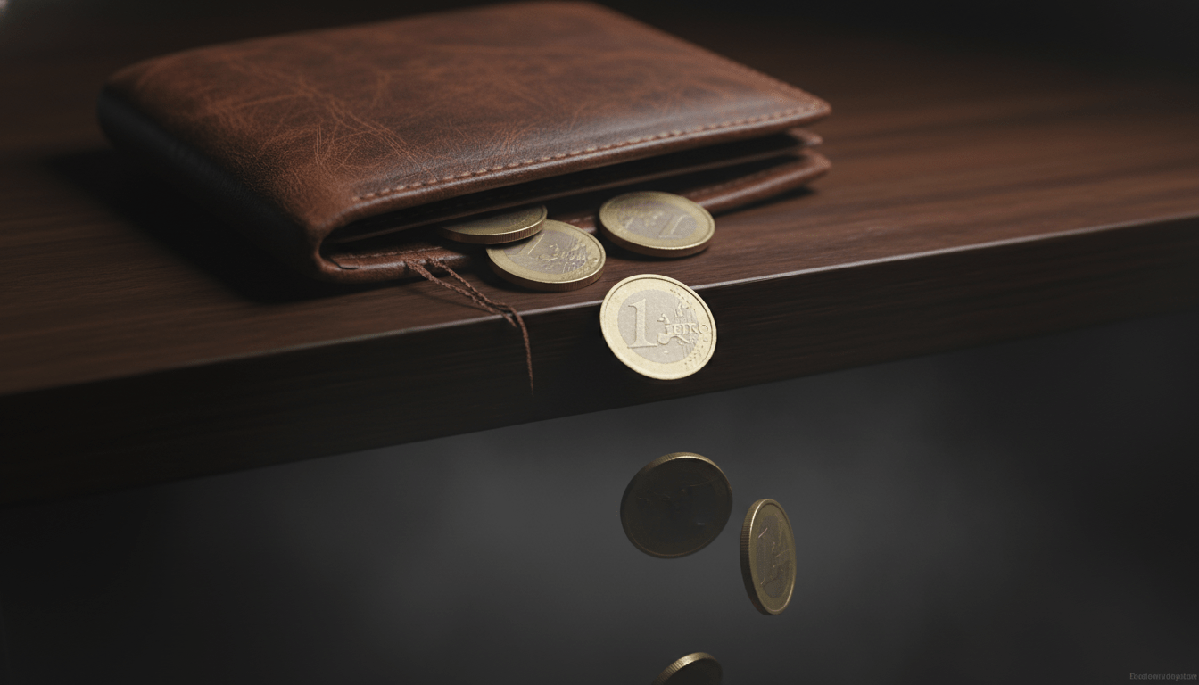 Concepto visual de gastos fantasma mostrando monedas de euro cayendo a través de un agujero en una billetera de cuero, simbolizando pérdida de dinero invisible.
