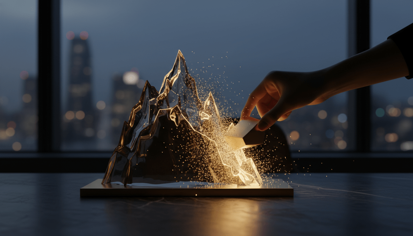 Metáfora visual de un crédito fiscal reduciendo directamente una deuda tributaria mediante una pieza de oro sobre un escritorio de lujo.