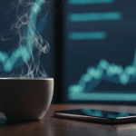 Taza de café y smartphone sobre escritorio con fondo desenfocado de gráficos financieros que representan el impacto del tipo de cambio