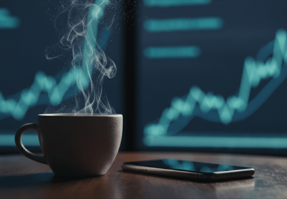 Taza de café y smartphone sobre escritorio con fondo desenfocado de gráficos financieros que representan el impacto del tipo de cambio