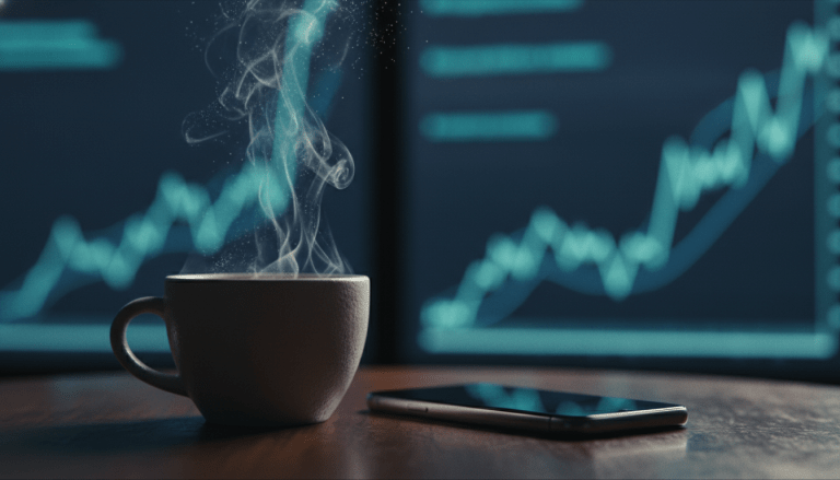 Taza de café y smartphone sobre escritorio con fondo desenfocado de gráficos financieros que representan el impacto del tipo de cambio