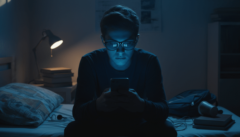 Persona joven mirando redes sociales en un smartphone reflejando un estilo de vida de lujo, concepto de disforia financiera y comparación social.