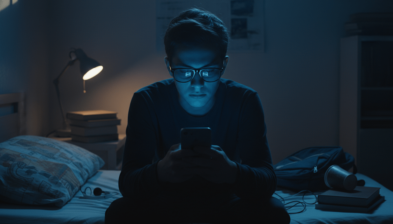 Persona joven mirando redes sociales en un smartphone reflejando un estilo de vida de lujo, concepto de disforia financiera y comparación social.