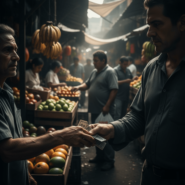 Vendedor de mercado ambulante entregando dinero en efectivo a un cobrador en un ambiente de tensión económica.