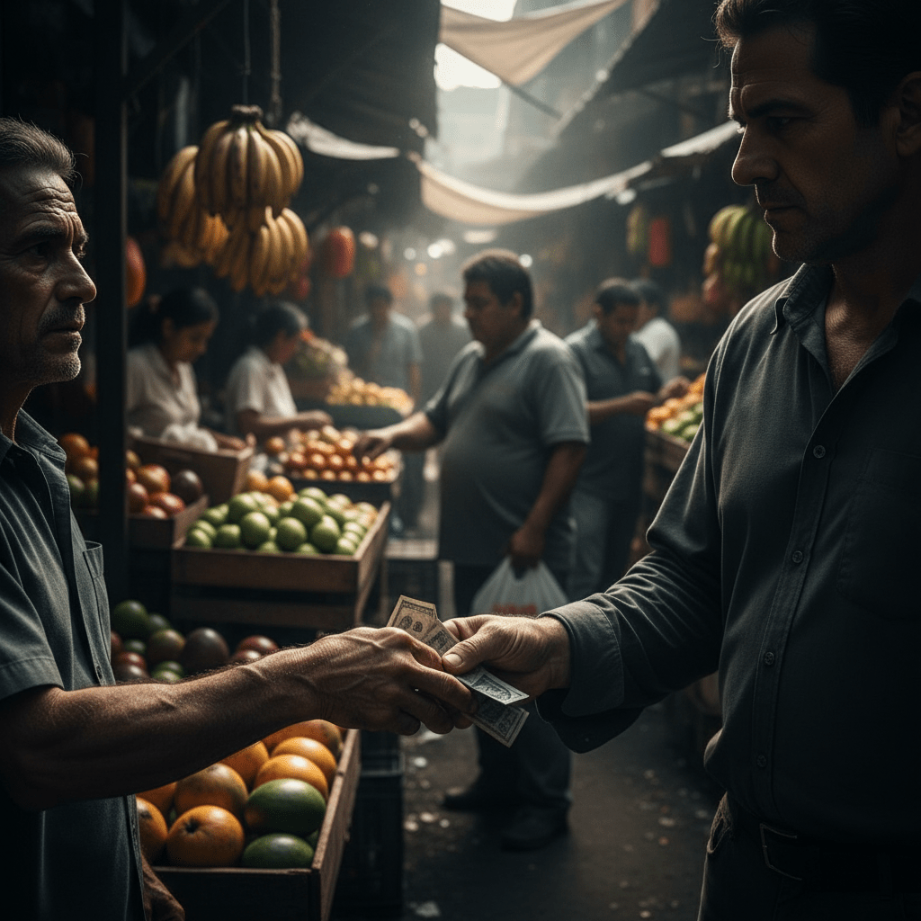 Vendedor de mercado ambulante entregando dinero en efectivo a un cobrador en un ambiente de tensión económica.