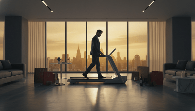 Hombre elegante en una cinta de correr en un entorno de lujo simbolizando la inflación del estilo de vida y el lifestyle creep.