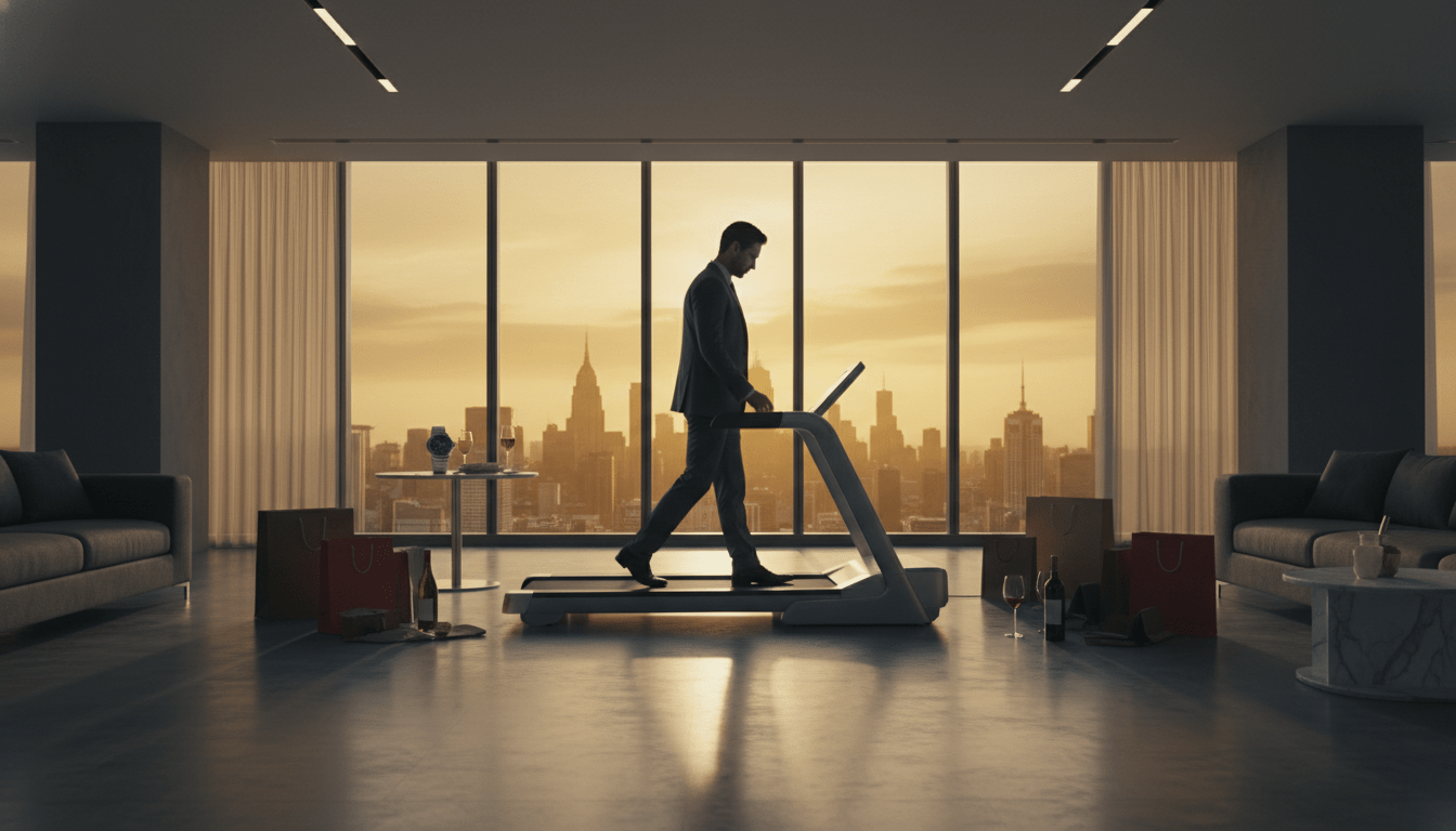 Hombre elegante en una cinta de correr en un entorno de lujo simbolizando la inflación del estilo de vida y el lifestyle creep.