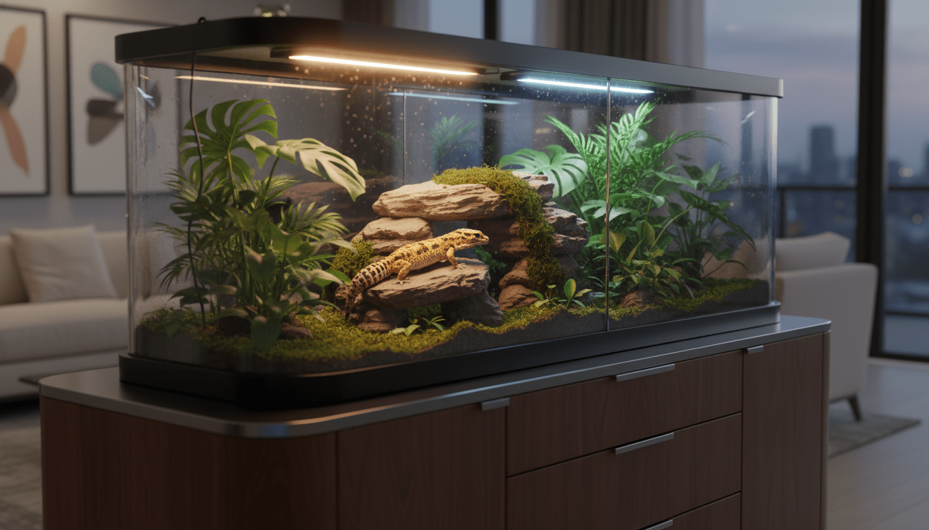 Terrario tecnológico de alta gama con sistema de iluminación UVB para el cuidado de un gecko leopardo en un entorno doméstico.