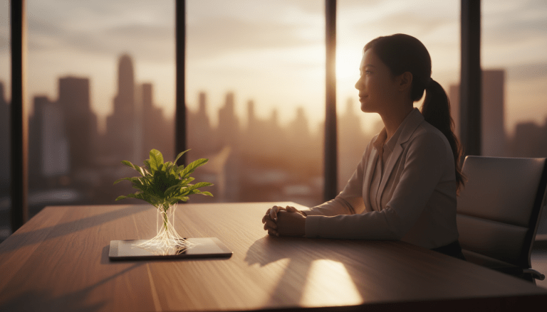 Concepto visual de inversión en desarrollo profesional y crecimiento personal representado por una planta creciendo sobre tecnología en una oficina moderna.