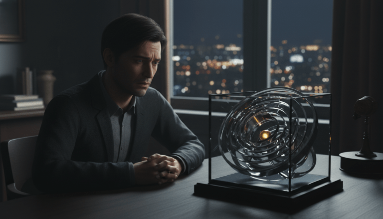 Persona reflexionando sobre su economía personal frente a un laberinto simbólico en una oficina oscura, representando el estrés financiero.