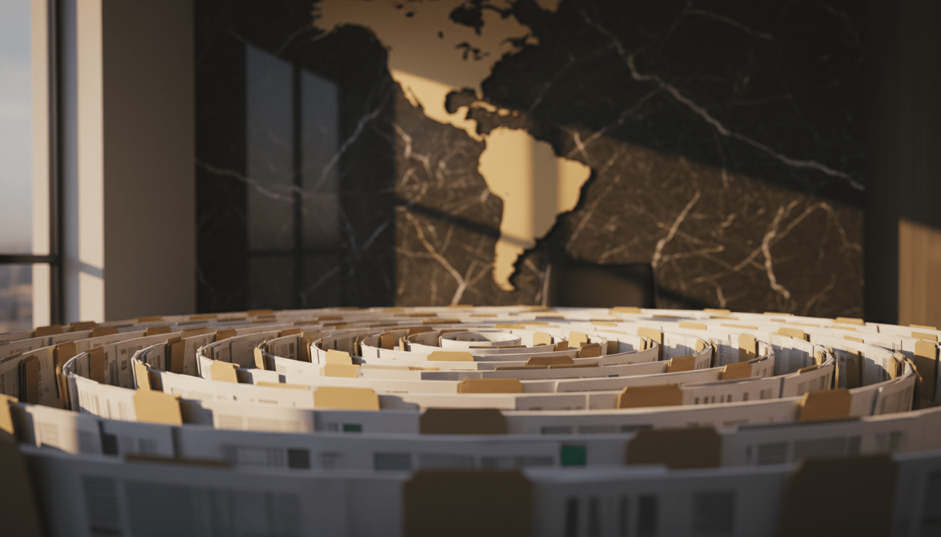 Concepto visual de un laberinto fiscal con documentos financieros y mapa de Latinoamérica en una oficina elegante.