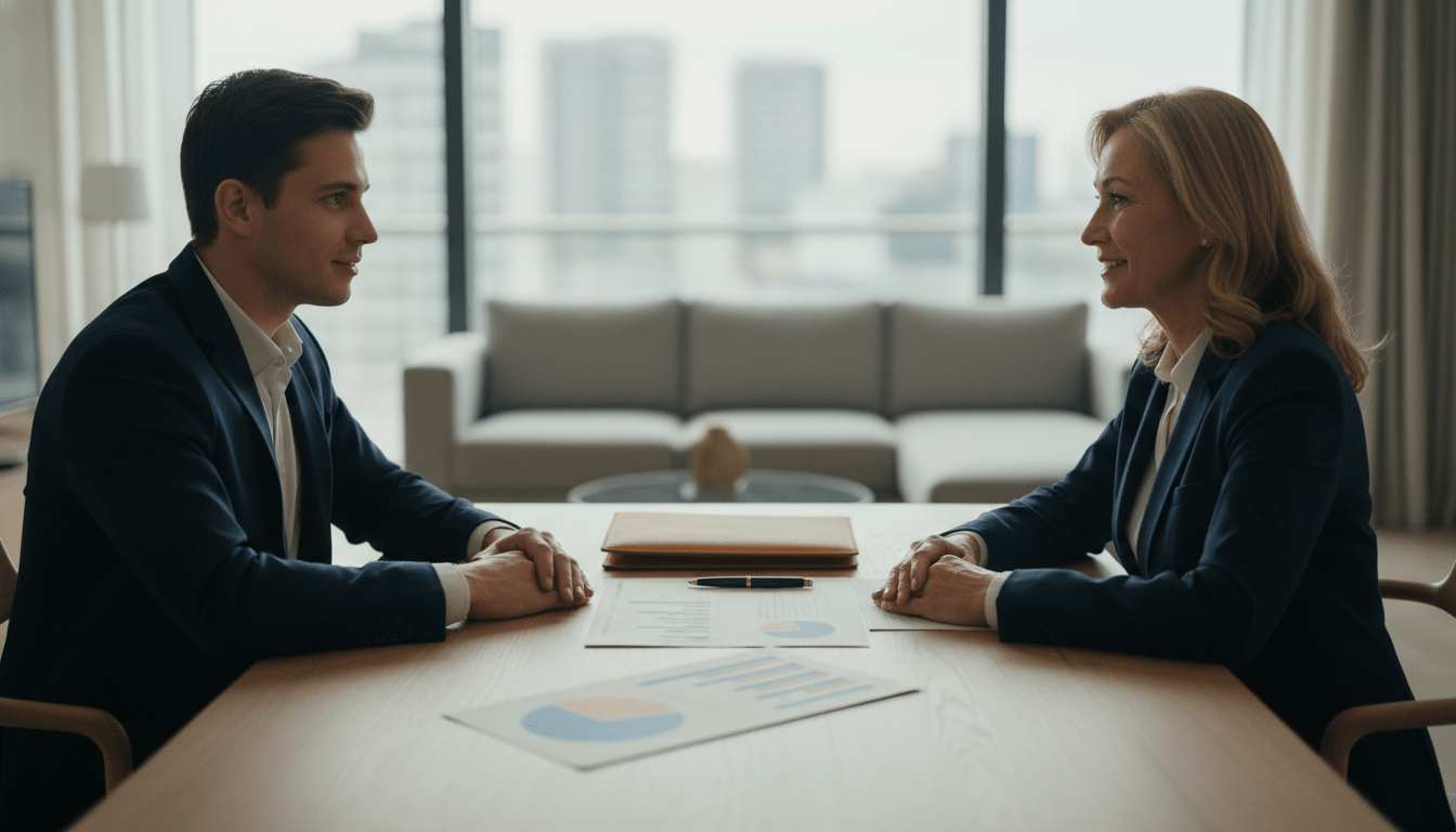 Inquilino y propietario negociando el precio del contrato de alquiler en un apartamento moderno