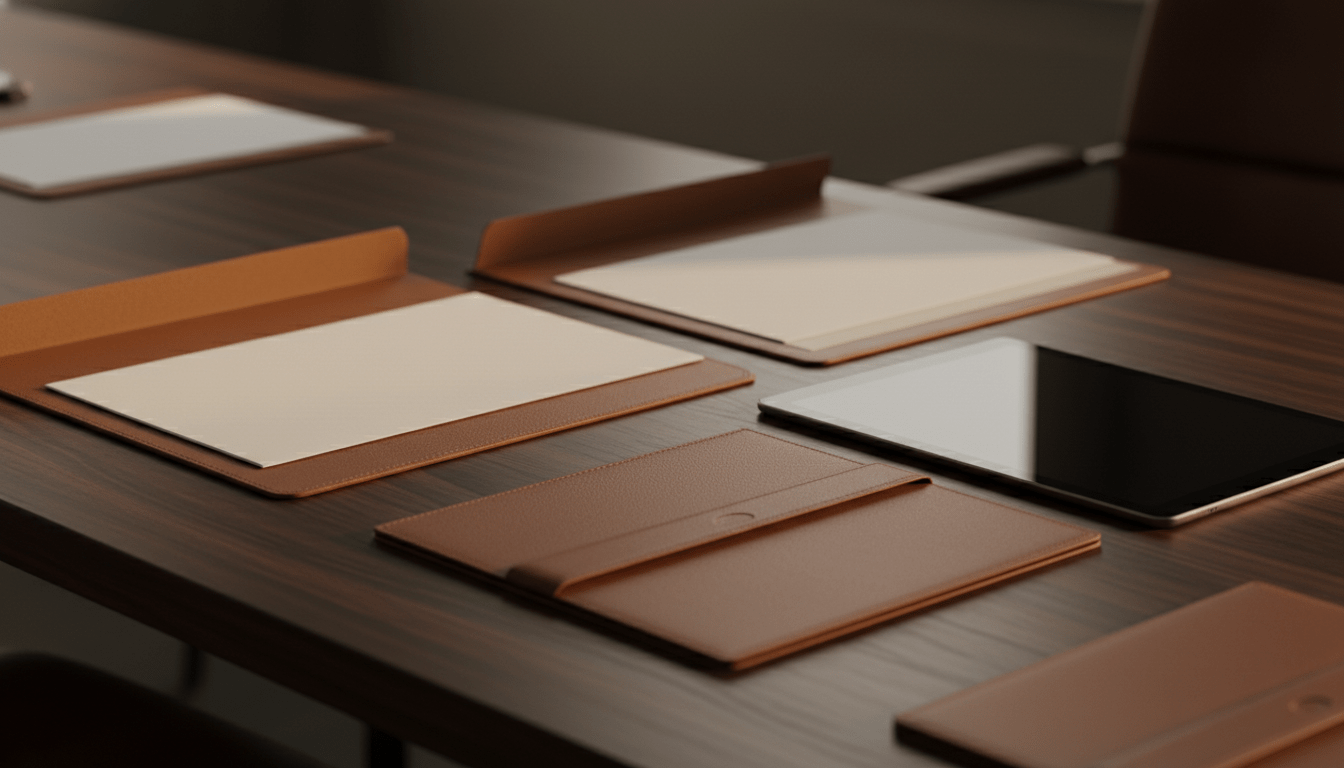 Escritorio organizado con carpetas de cuero y documentos financieros que representan el control del patrimonio y la soberanía económica.