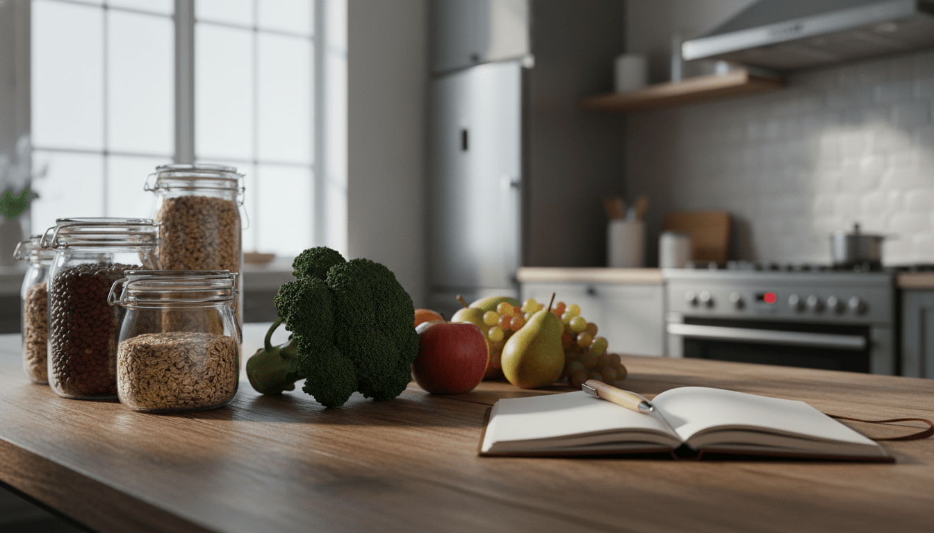 Bodegón de alimentos frescos y saludables con brócoli y legumbres sobre mesa de madera, representando la planificación de una dieta económica.