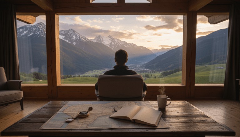 Persona planificando un año sabático frente a un paisaje de montaña, representando libertad financiera y gestión de presupuestos.