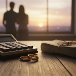 Alianzas de boda sobre una mesa con elementos de ahorro simbolizando la planificación financiera y el control de deudas.