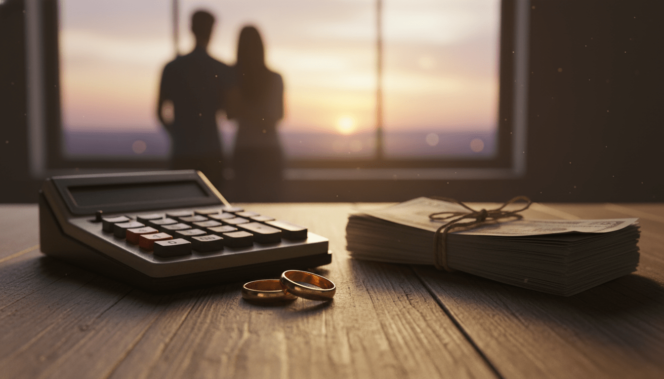 Alianzas de boda sobre una mesa con elementos de ahorro simbolizando la planificación financiera y el control de deudas.