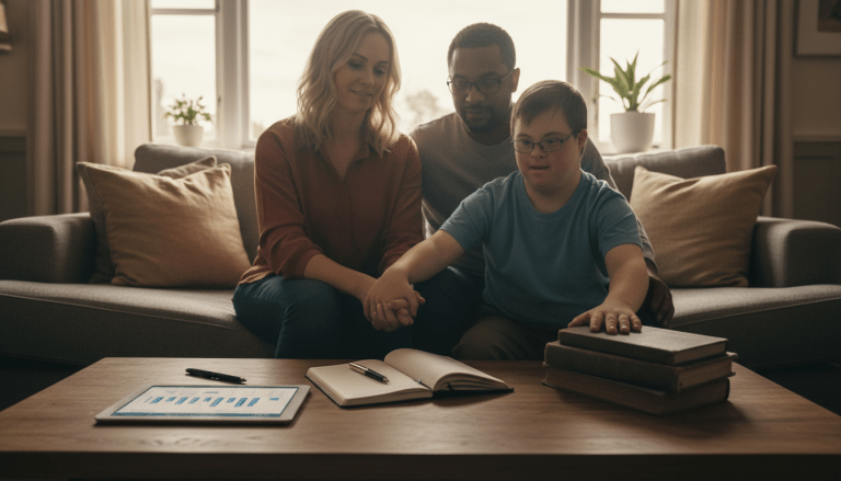 Pareja realizando planificación financiera para el bienestar y cuidado futuro de su hijo con necesidades especiales.