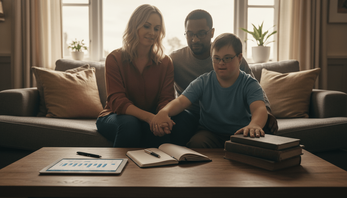 Pareja realizando planificación financiera para el bienestar y cuidado futuro de su hijo con necesidades especiales.