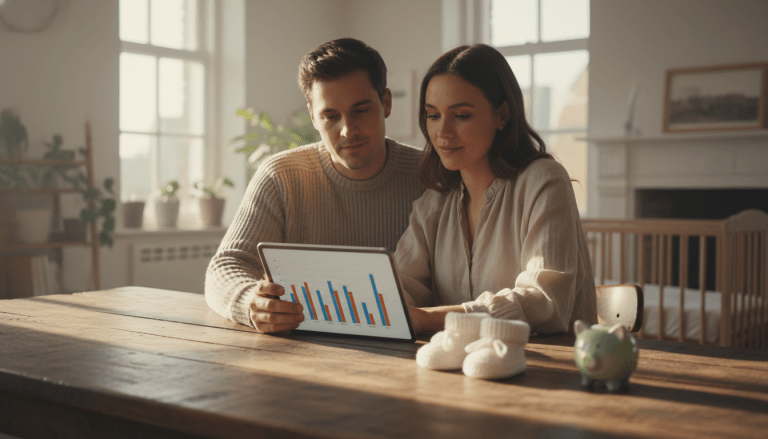 Pareja joven planificando las finanzas familiares y el ahorro ante la llegada de su primer bebé en un hogar moderno.