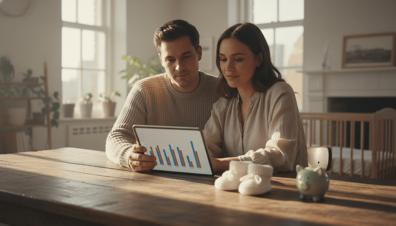 Pareja joven planificando las finanzas familiares y el ahorro ante la llegada de su primer bebé en un hogar moderno.