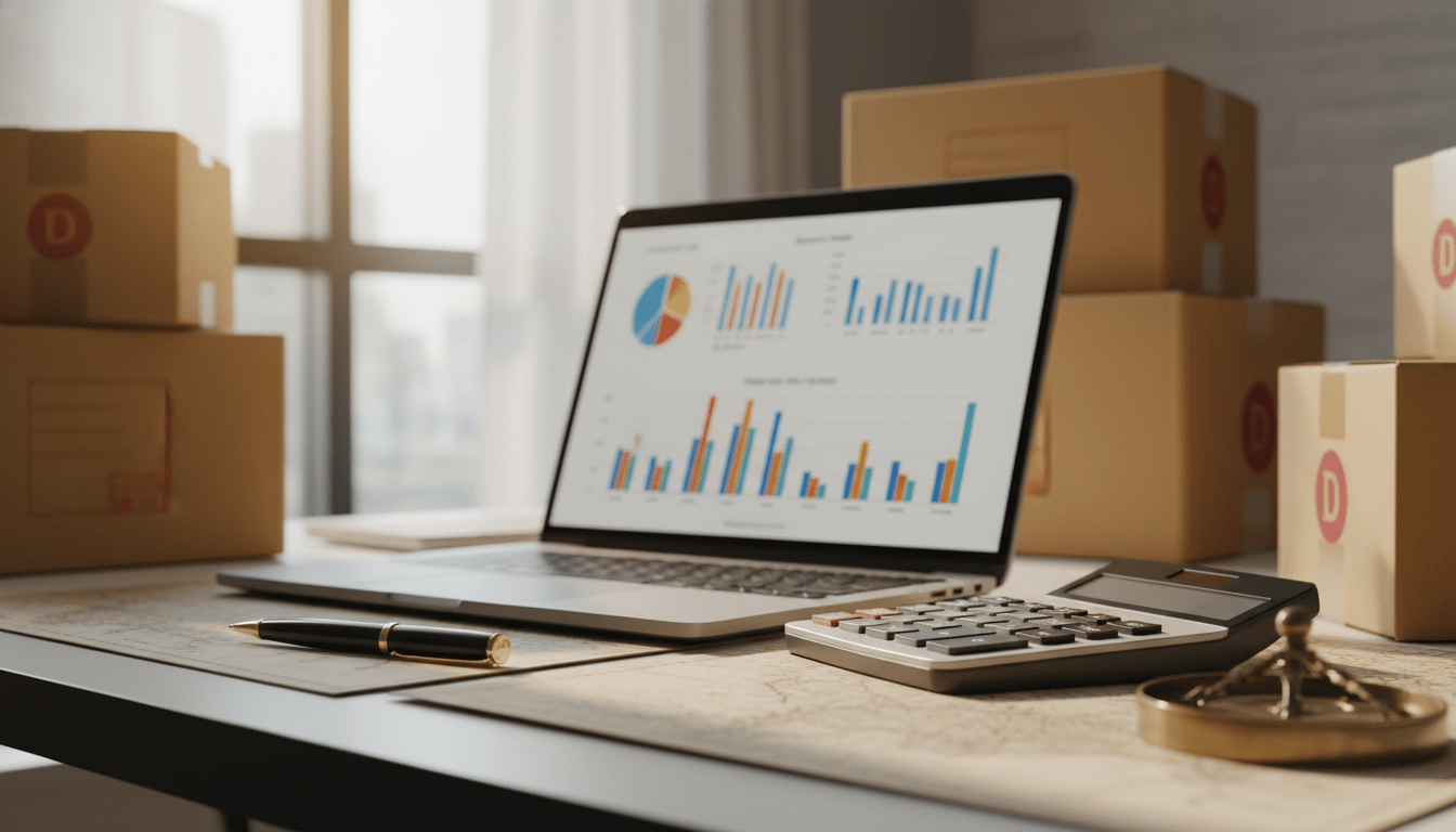 Escritorio con laptop mostrando gráficos financieros y cajas de mudanza al fondo representando la planificación de costos.