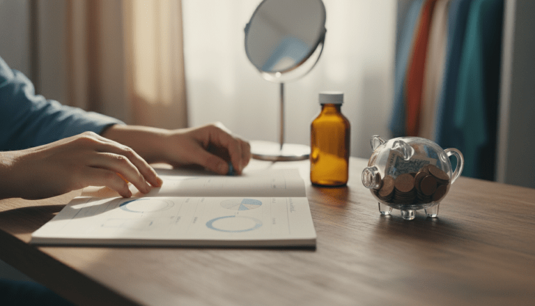 Primer plano de una persona planificando los gastos económicos y médicos de su transición de género en un escritorio iluminado.