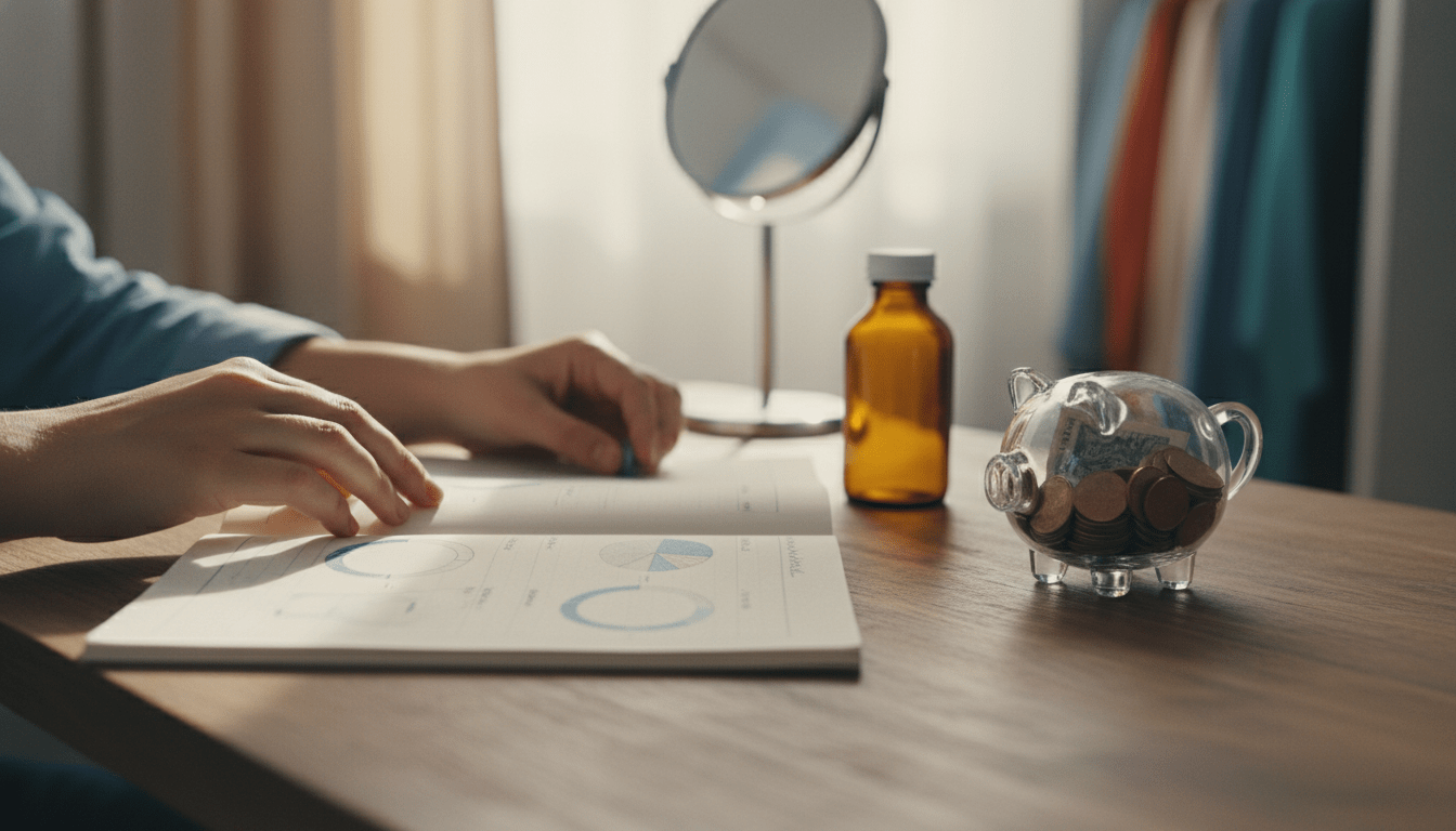 Primer plano de una persona planificando los gastos económicos y médicos de su transición de género en un escritorio iluminado.